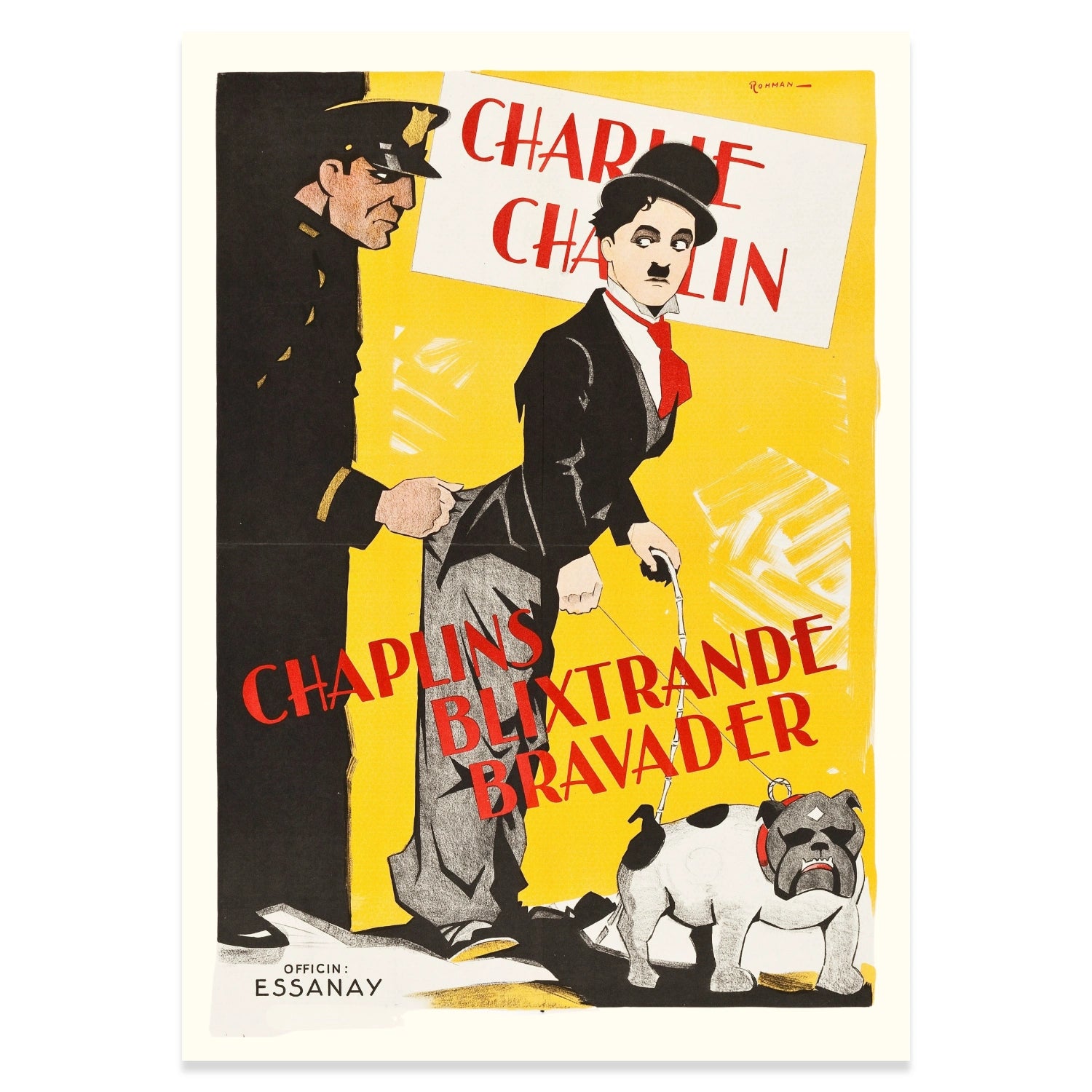 Charlie Chaplin Grafikdruck mit roter Typografie auf leuchtend gelbem Hintergrund.