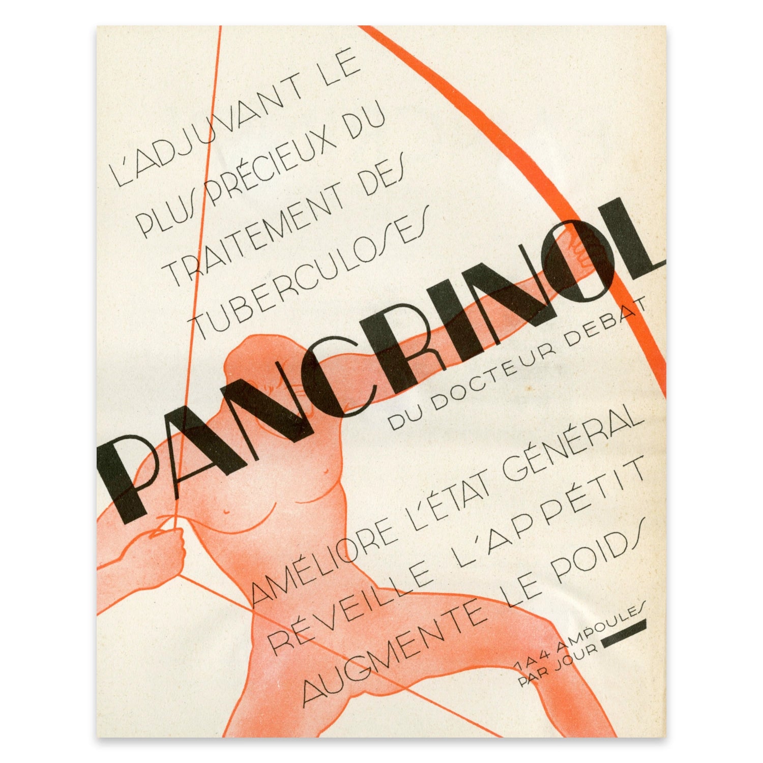 Minimalistisches Grafikdesign-Poster mit rotem Bogenschützen und schwarzer serifenloser Schrift.
