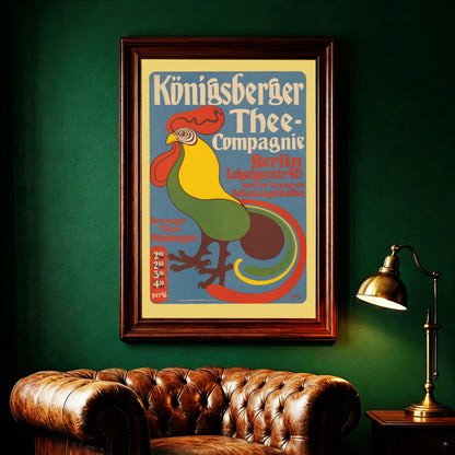 Farbenfrohes Jugendstil-Plakat mit einem Hahn für die Königsberger Thee-Compagnie von 1901.