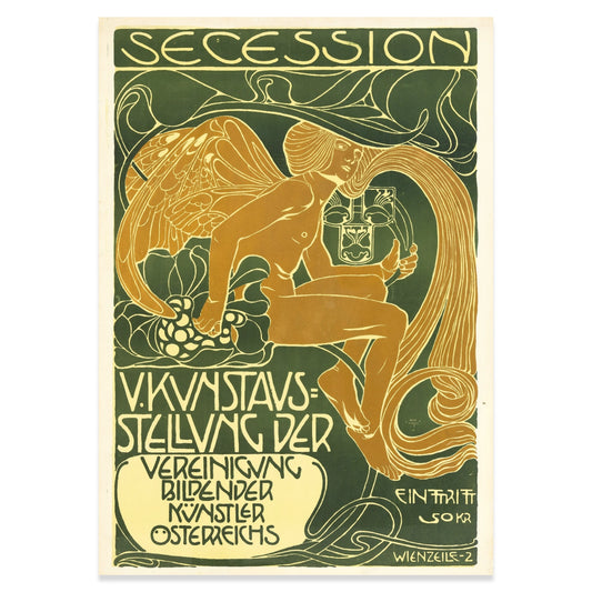 Kunstreproduktion eines historischen Ausstellungsplakats von Kolo Moser in gedeckten Erdtönen.