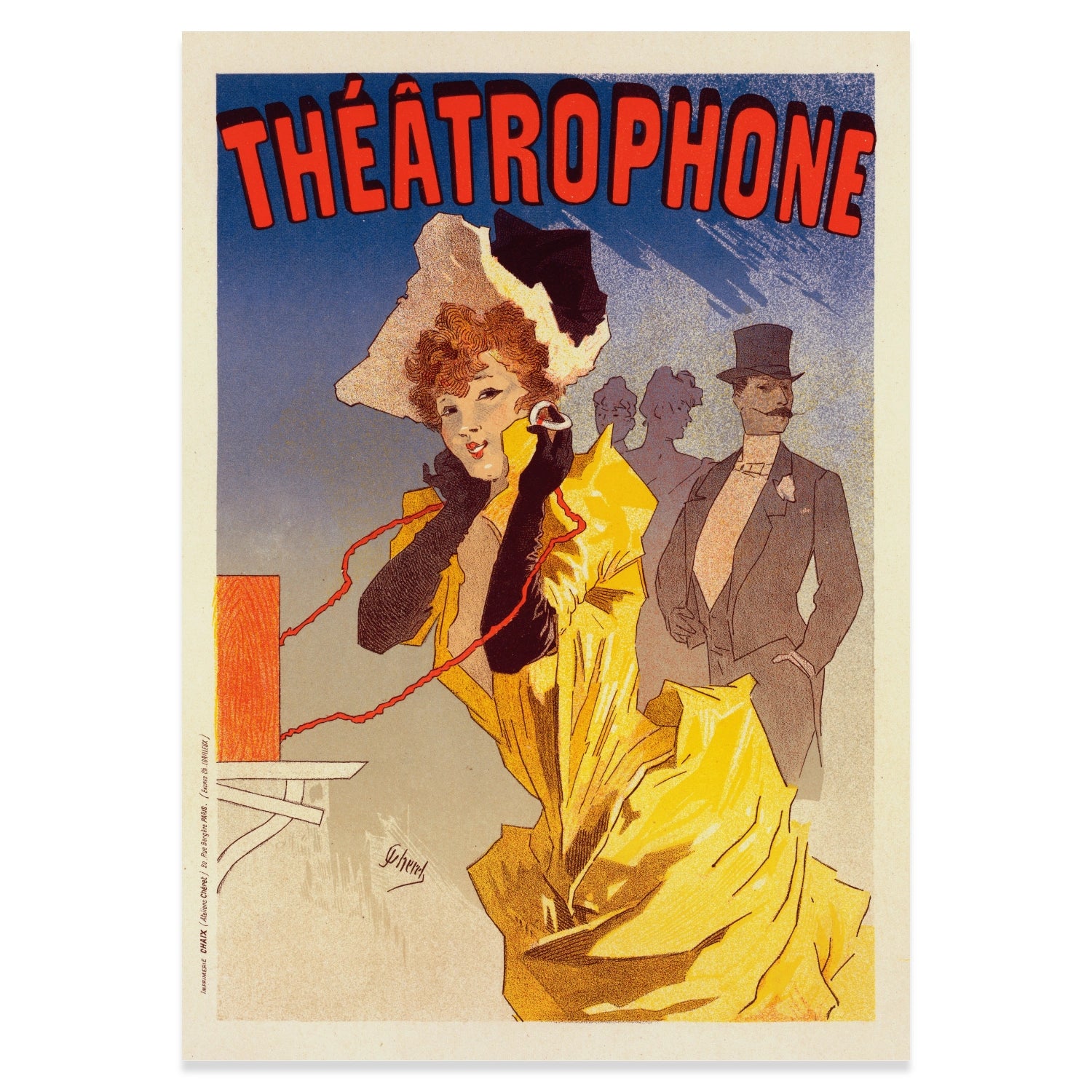 Historisches französisches Plakat 'Théâtrophone' in Rot, Gelb und Blau.