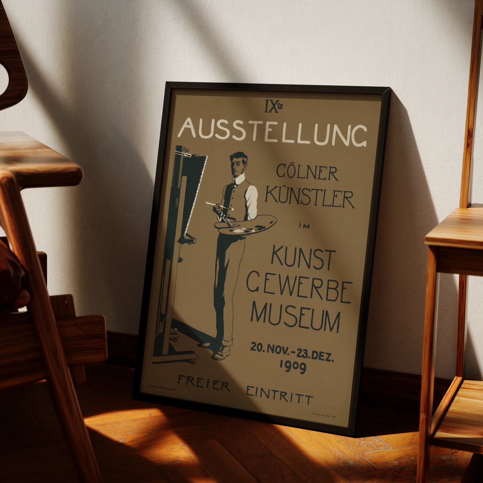 Historisches Kunstplakat von August Neven Du Mont in Braun- und Schwarztönen.