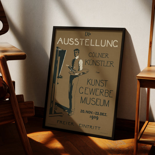 Historisches Kunstplakat von August Neven Du Mont in Braun- und Schwarztönen.