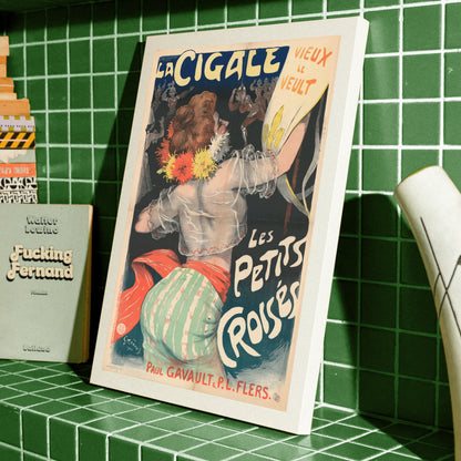 Vintage-Poster La Cigale zeigt eine Frau mit Blumen im Haar von hinten.