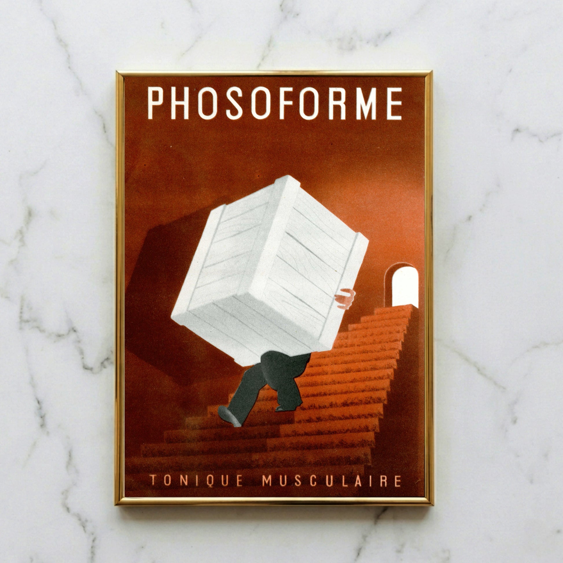 Stilisierte Illustration einer Figur auf einer Treppe mit riesiger weißer Kiste.
