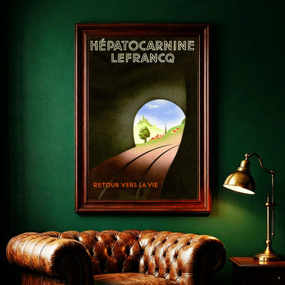 Werbegrafik der Laboratoires de la Carnine Lefrancq mit dem Schriftzug Retour vers la vie.