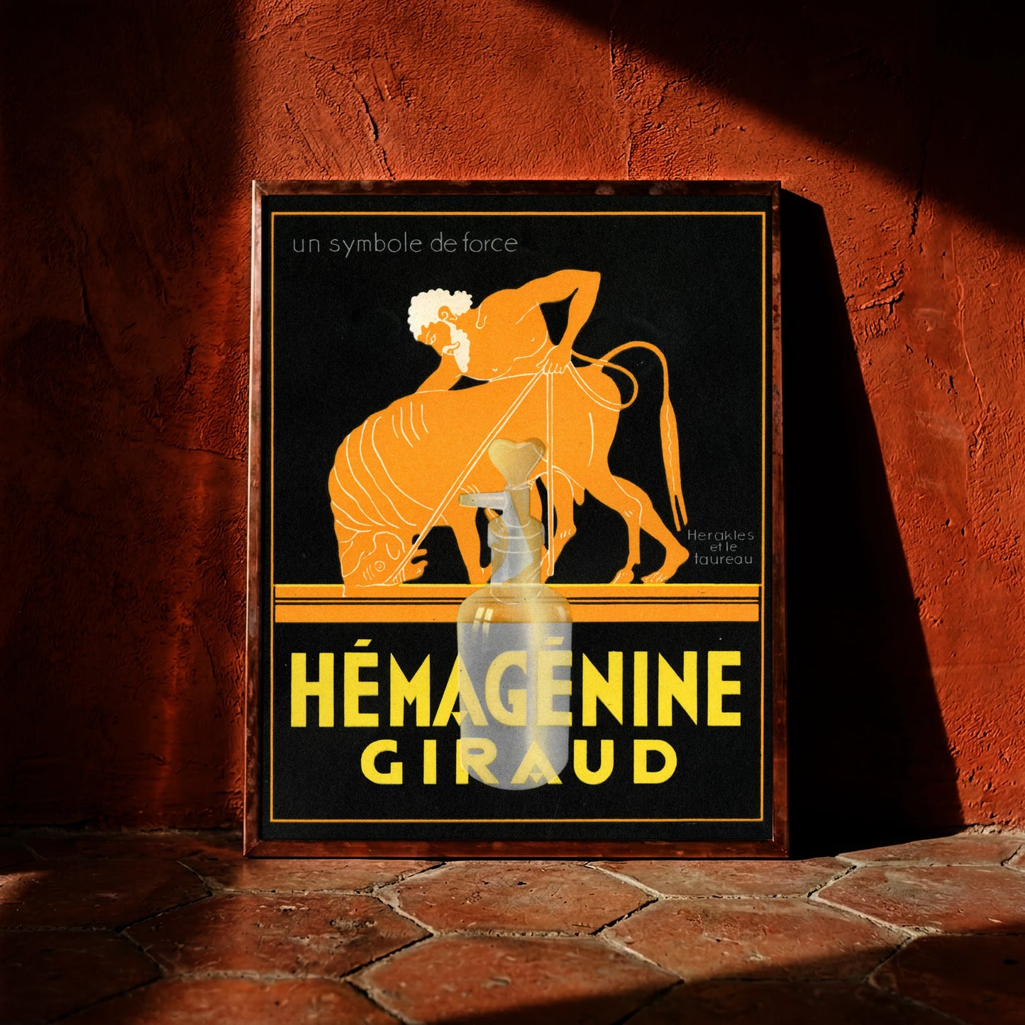 Grafisches Poster in Schwarz und Orange mit antiker Herakles-Silhouetten-Illustration.