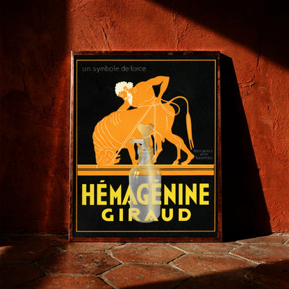 Grafisches Poster in Schwarz und Orange mit antiker Herakles-Silhouetten-Illustration.