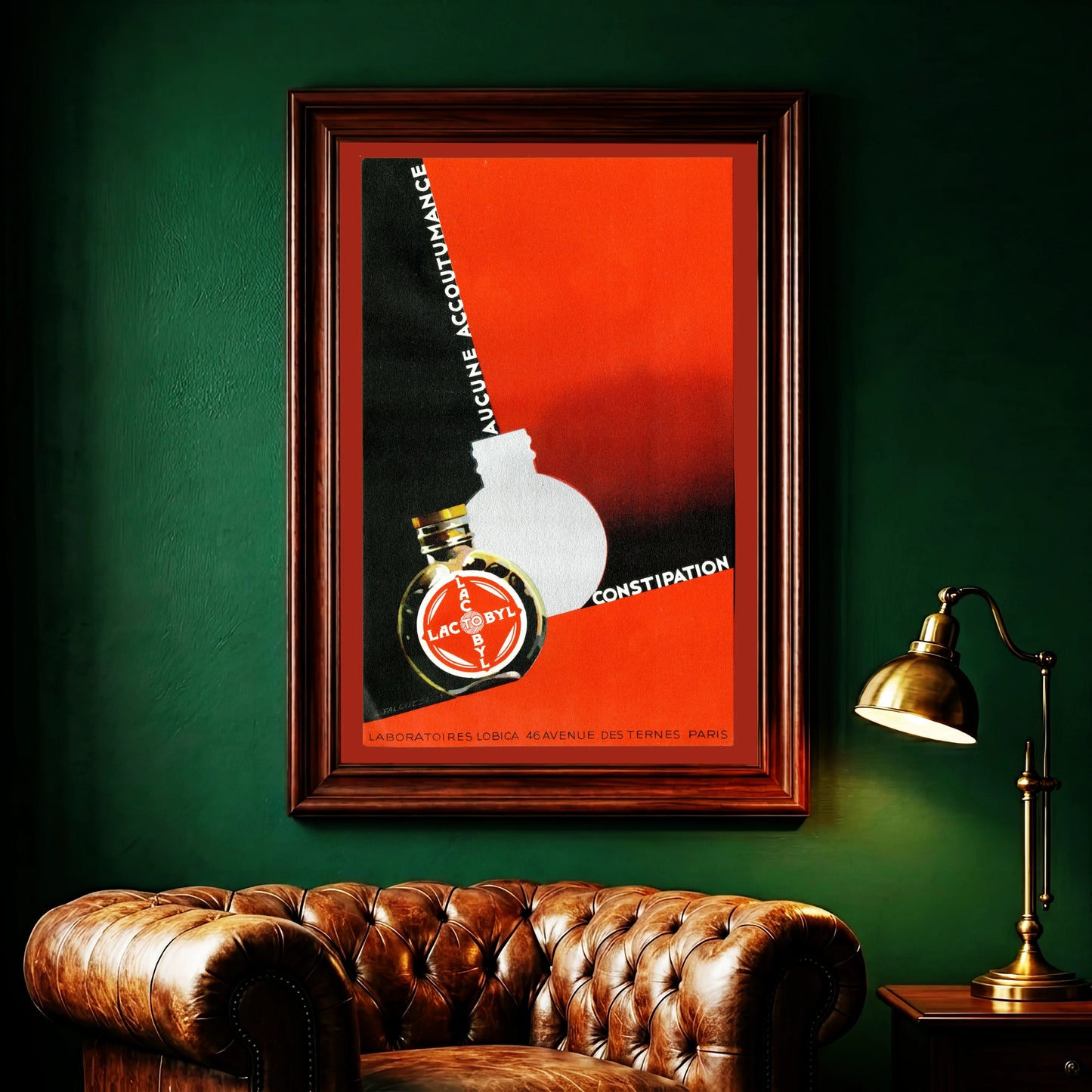Lactobyl Vintage Plakat in Rot und Schwarz mit grafischer Flaschendarstellung.