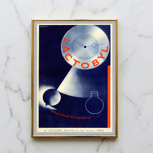 Vintage Werbeplakat für Lactobyl von Robert de Valerio mit einer Uhr-Grafik auf blauem Grund.