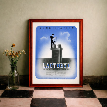 Vintage Poster mit einem Schornsteinfeger auf einem Schornstein vor blauem Himmel.