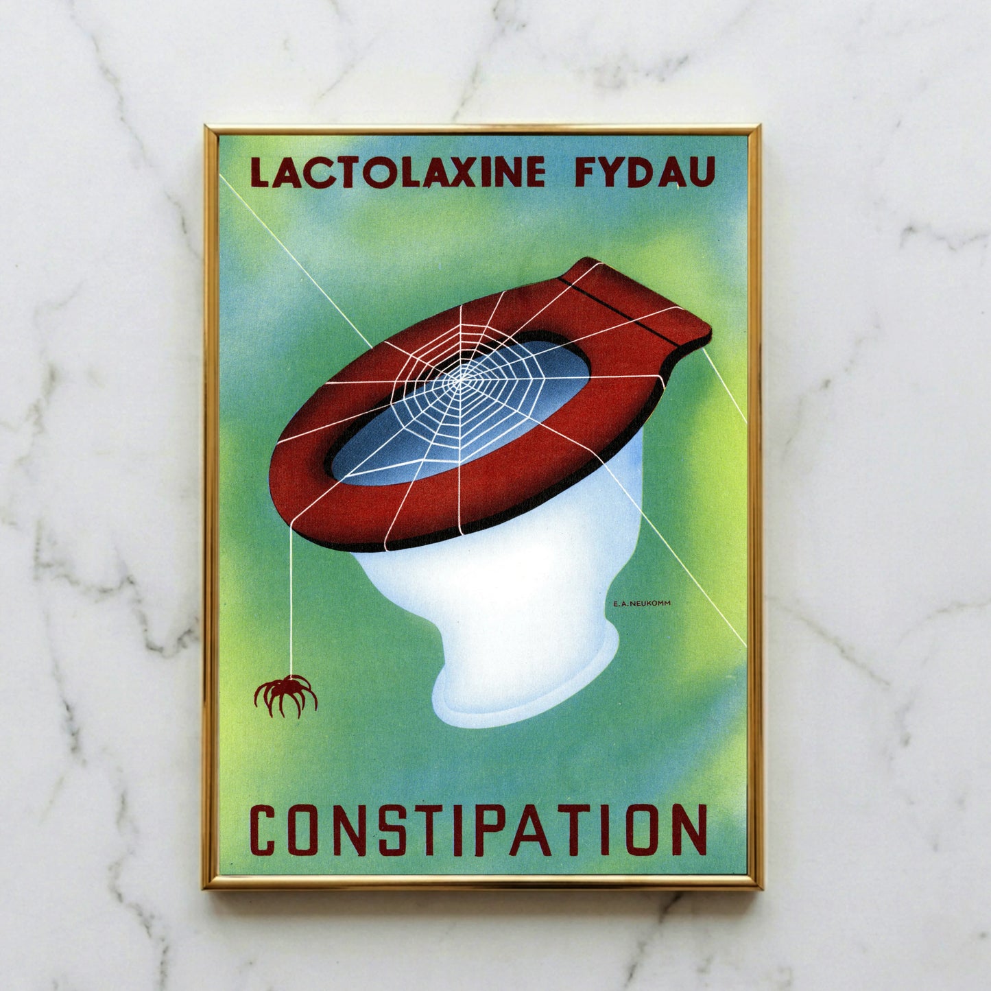 Historisches Werbeplakat Lactolaxine Fydau von E.A. Neukomm mit einer Toilette und einem Spinnennetz.