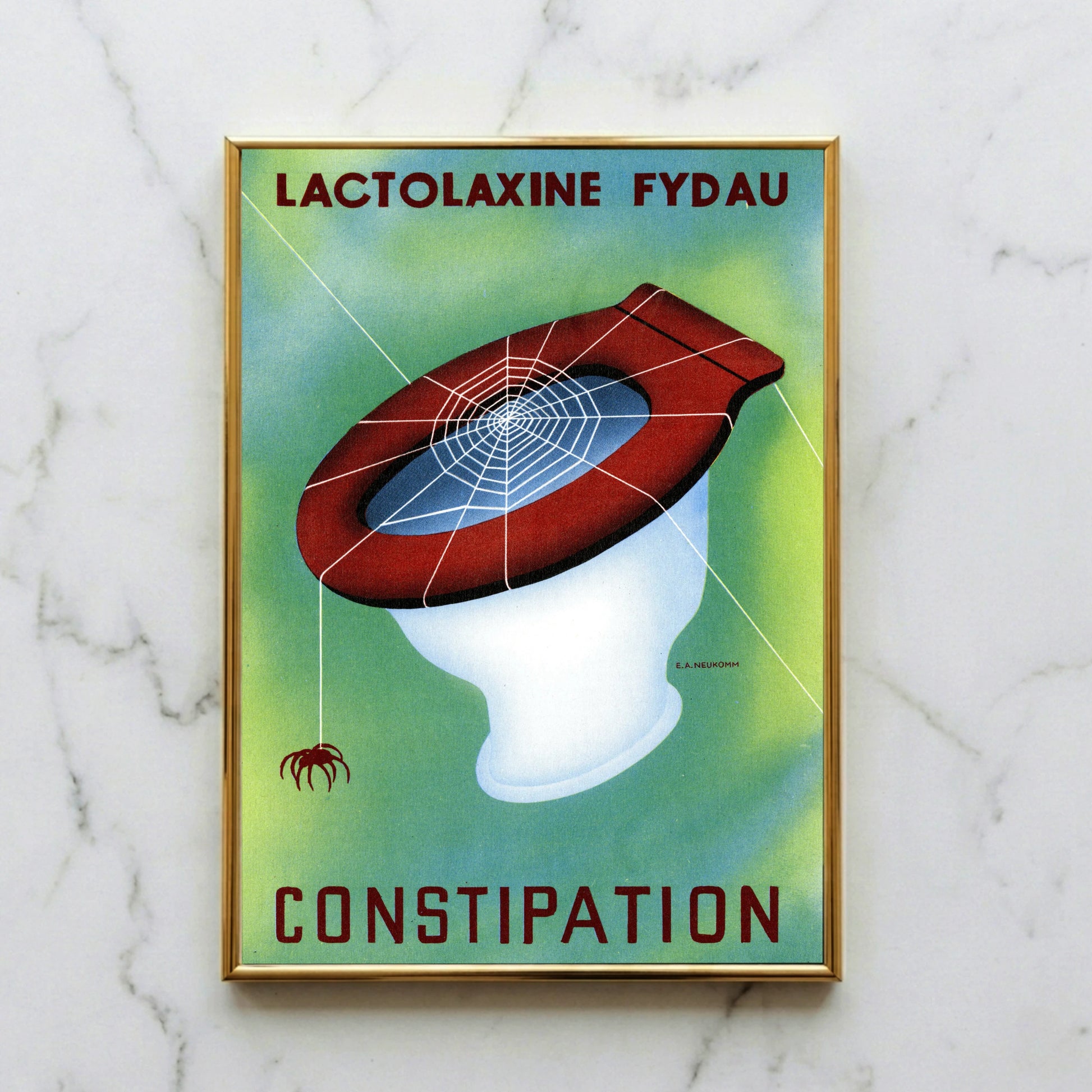 Historisches Werbeplakat Lactolaxine Fydau von E.A. Neukomm mit einer Toilette und einem Spinnennetz.