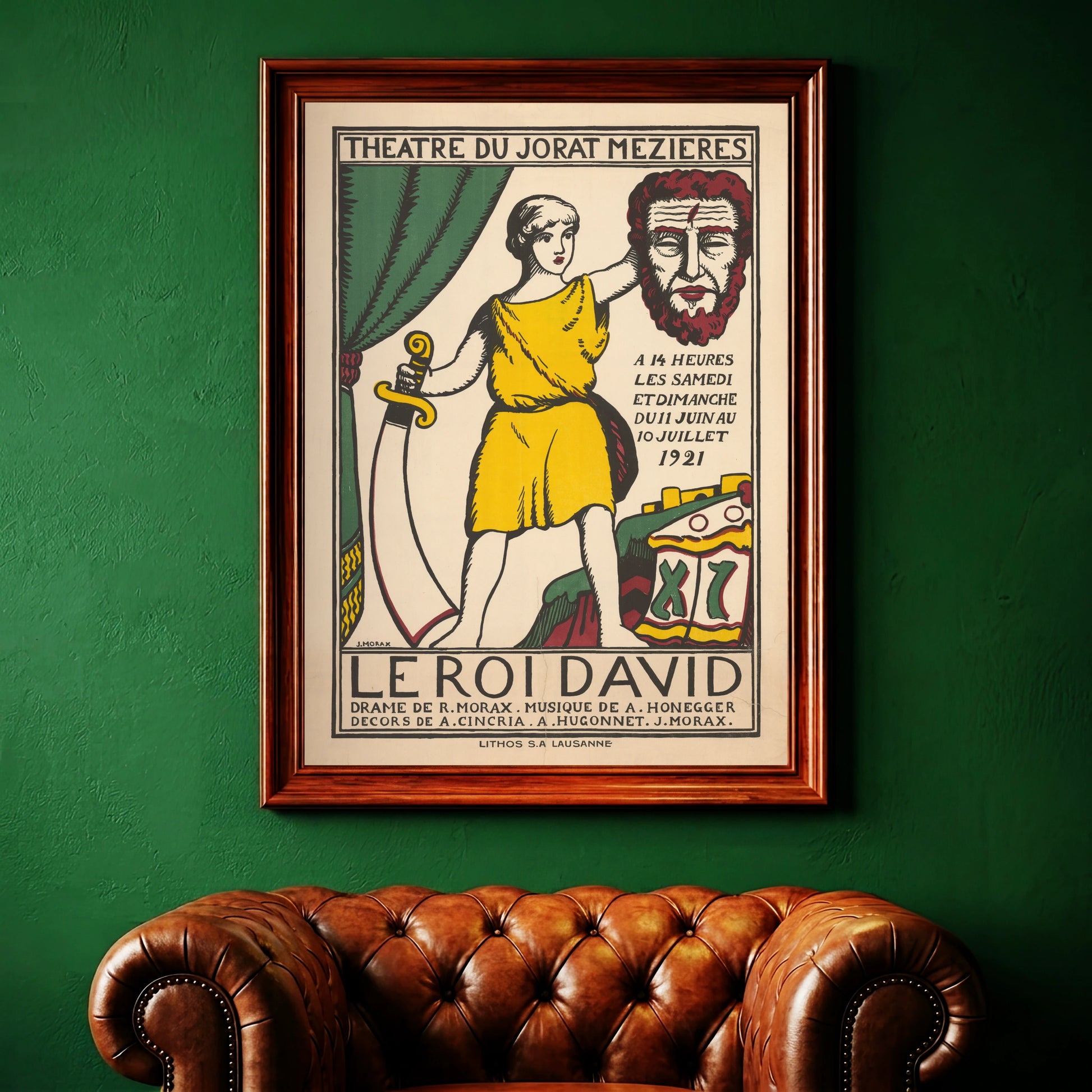 Klassisches Schweizer Plakatdesign 1921 mit David in gelbem Gewand und großem Schwert.