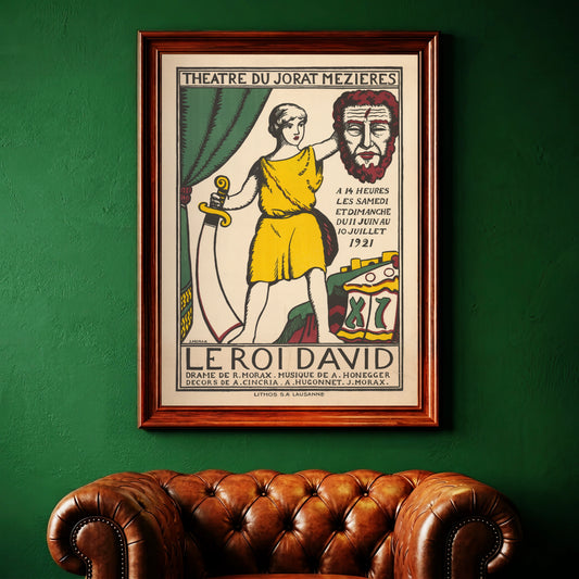 Klassisches Schweizer Plakatdesign 1921 mit David in gelbem Gewand und großem Schwert.