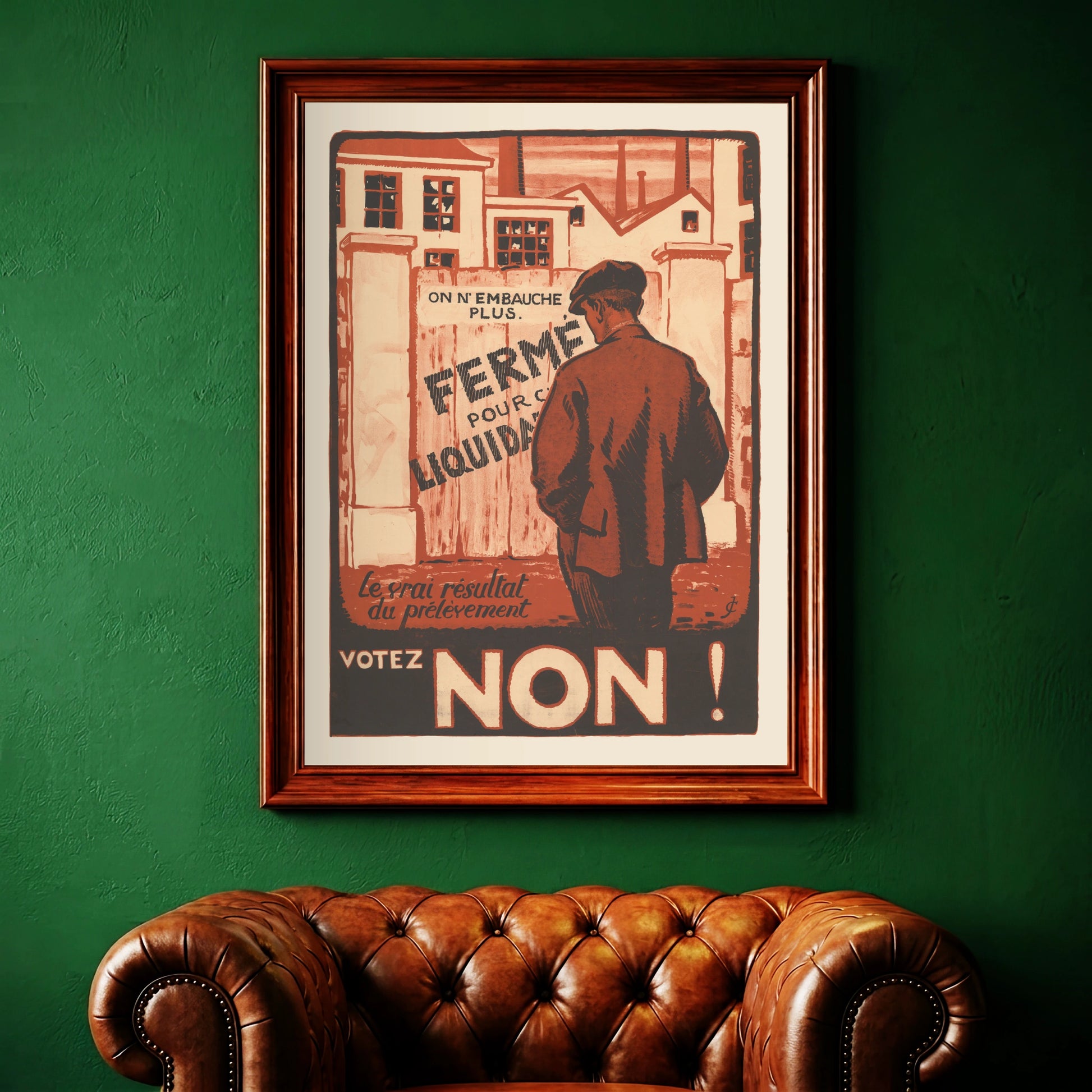 Vintage Kunstposter Motiv Fabrikschließung und soziale Gerechtigkeit.