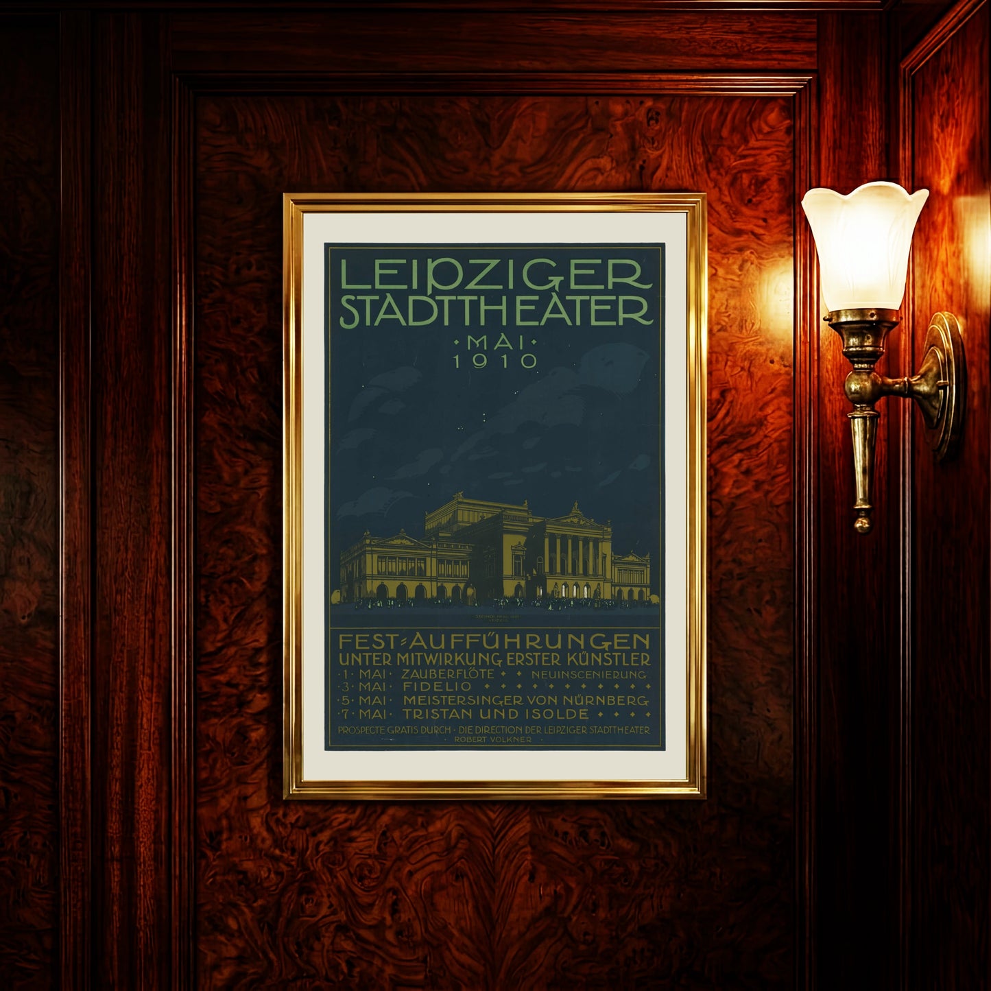 Vintage Plakat des Leipziger Stadttheaters von 1910 mit beleuchteter Architektur bei Nacht.