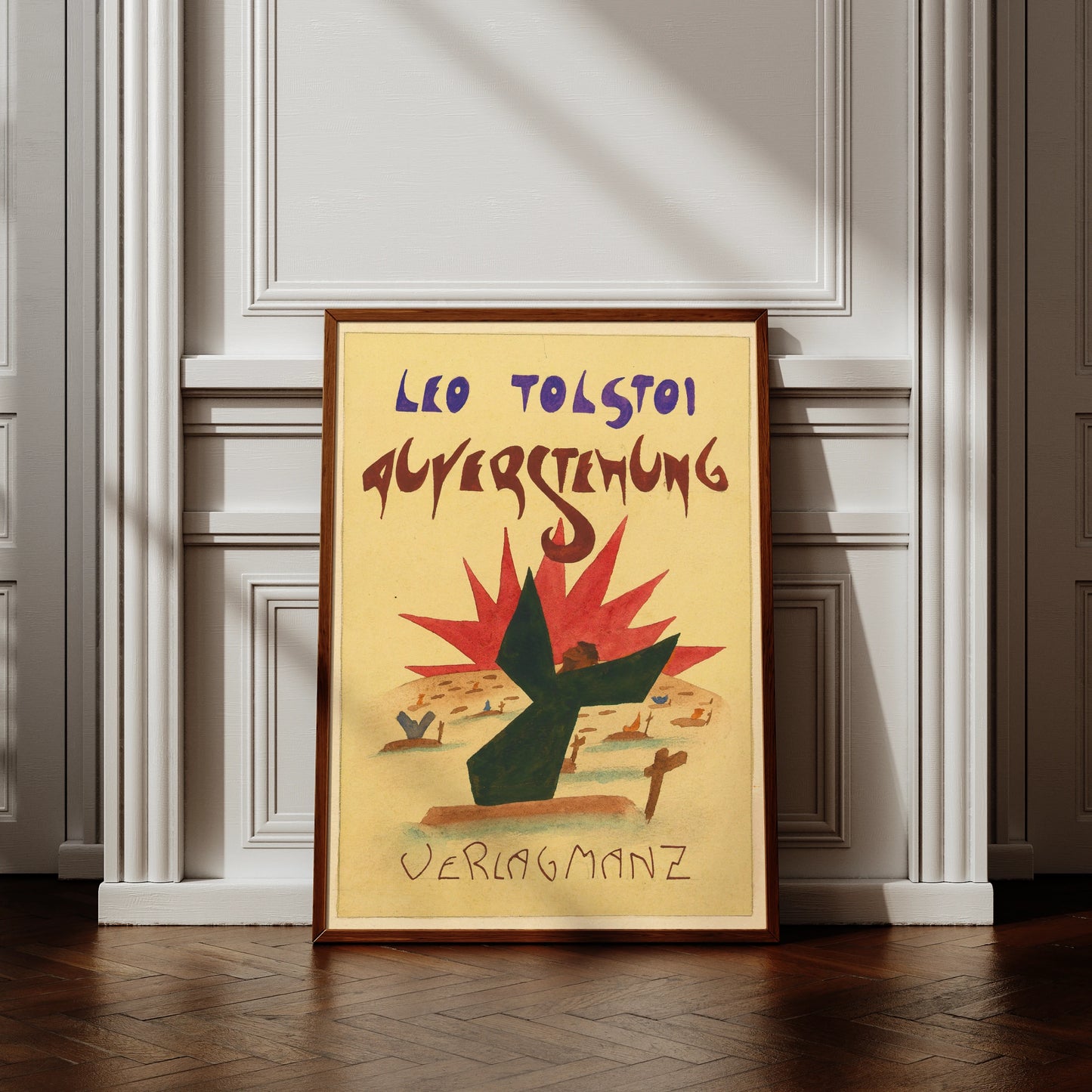 Expressionistisches Plakat von Karl Wiener zu Leo Tolstois Auferstehung mit stilisierter Figur vor roter Sonne.