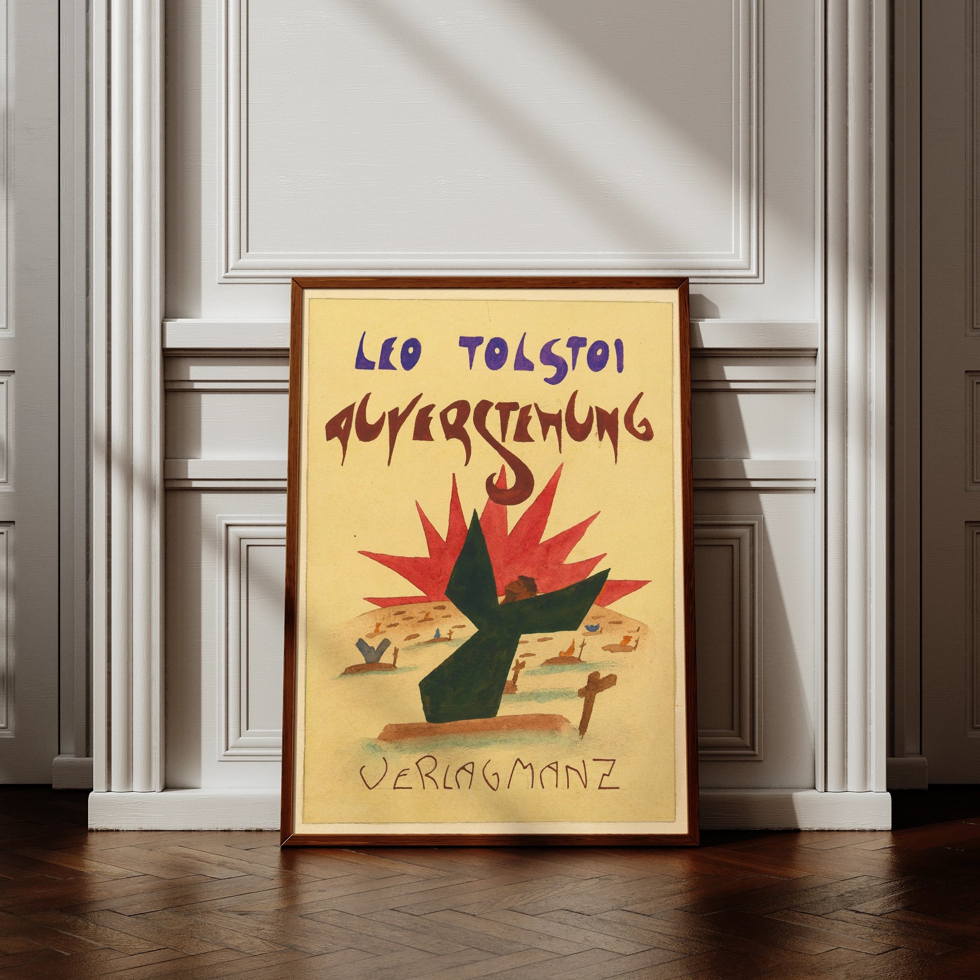 Expressionistisches Plakat von Karl Wiener zu Leo Tolstois Auferstehung mit stilisierter Figur vor roter Sonne.