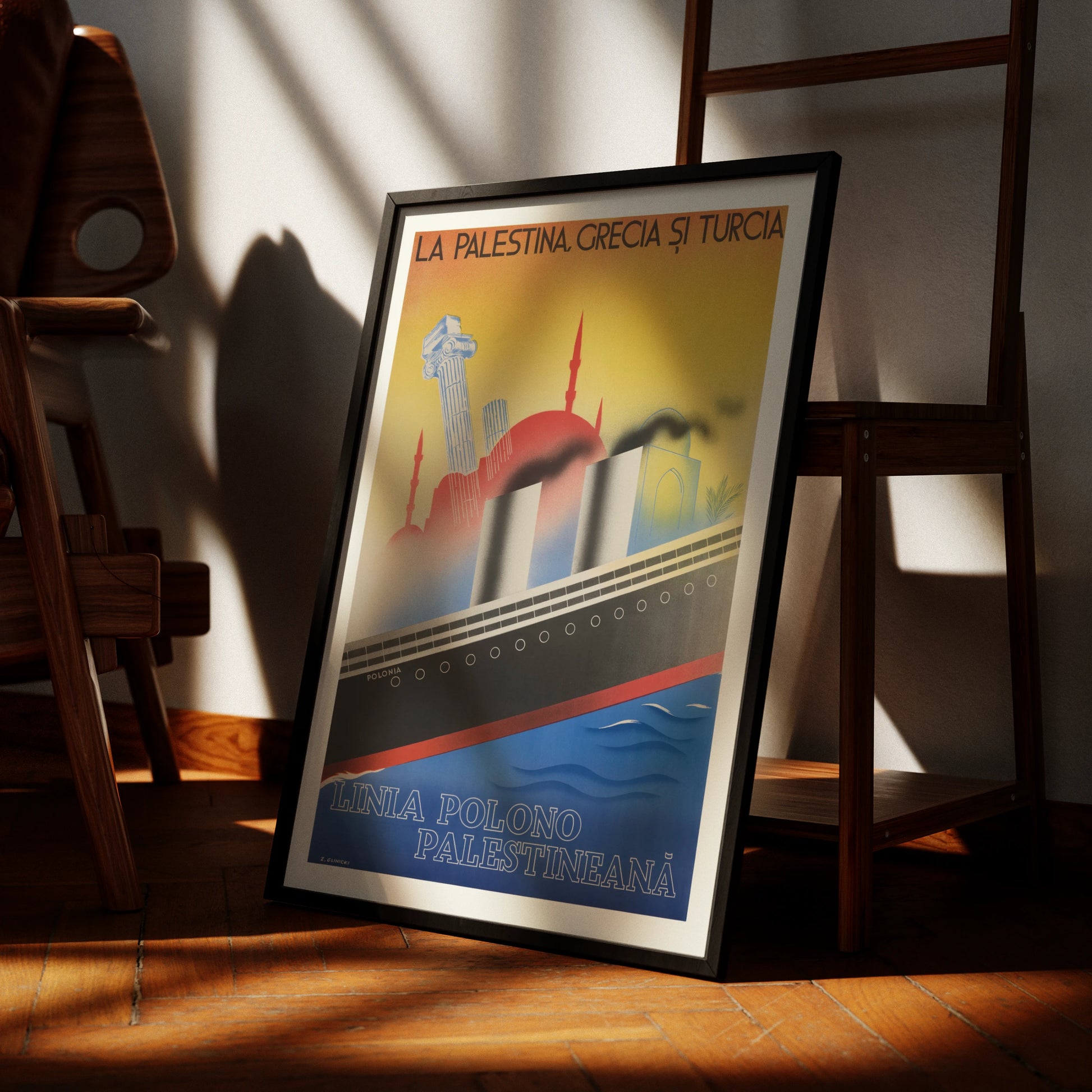Vintage Reiseposter der Linia Polono Palestineană von 1934 mit dem Schiff Polonia