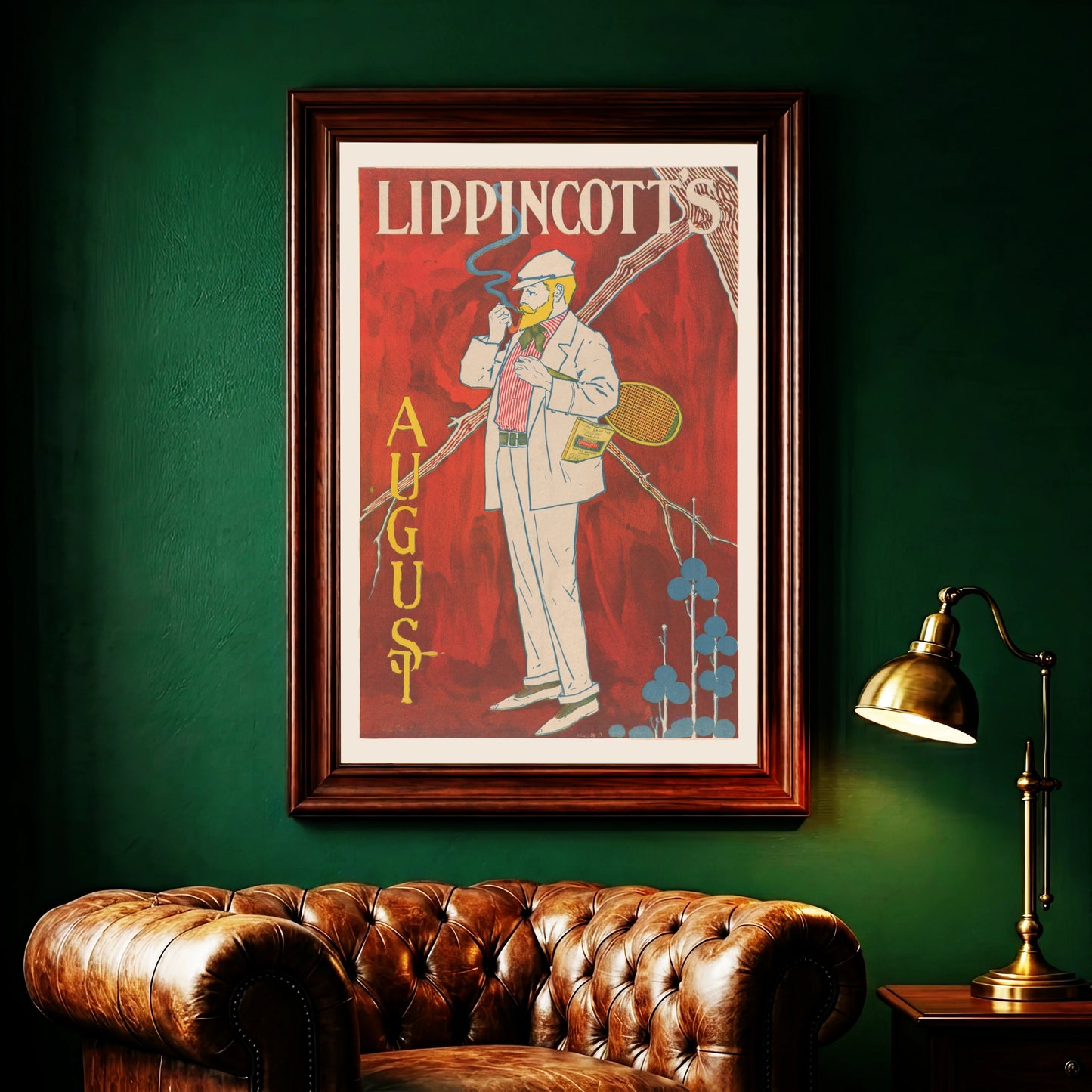 Vintage Poster von 1895 zeigt Mann im hellen Anzug mit Tennisschläger und Pfeife.