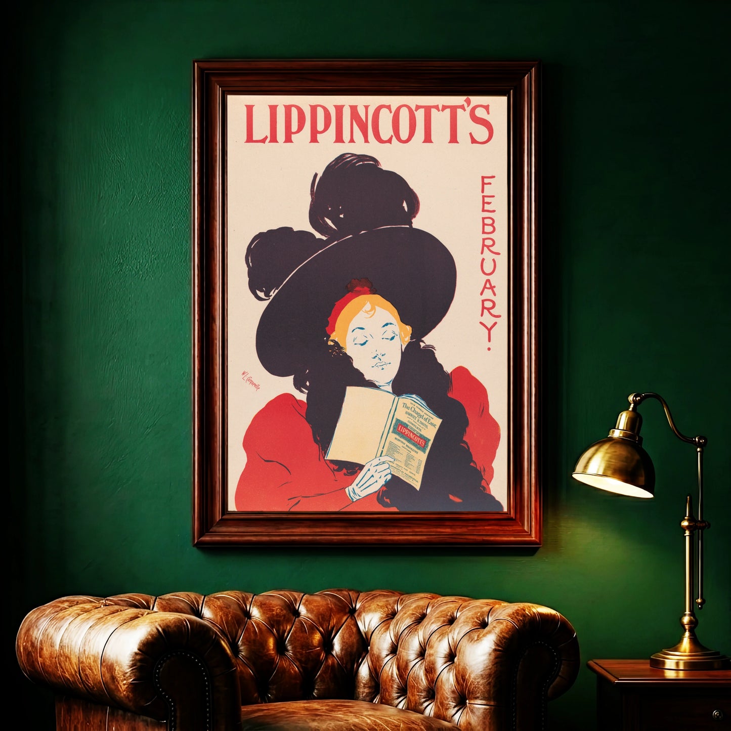 Vintage Poster Lippincott’s February 1895 von William Carqueville mit einer lesenden Frau.