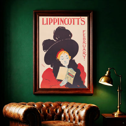 Vintage Poster Lippincott’s February 1895 von William Carqueville mit einer lesenden Frau.