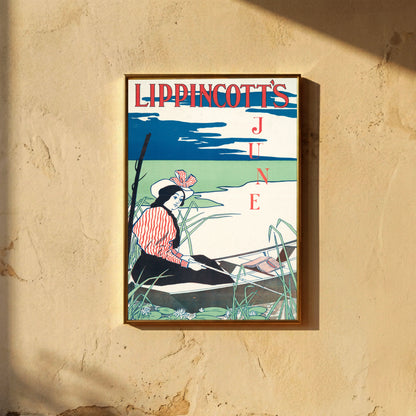 Historisches amerikanisches Kunstplakat mit der Aufschrift Lippincott's June in kräftigem Rot.