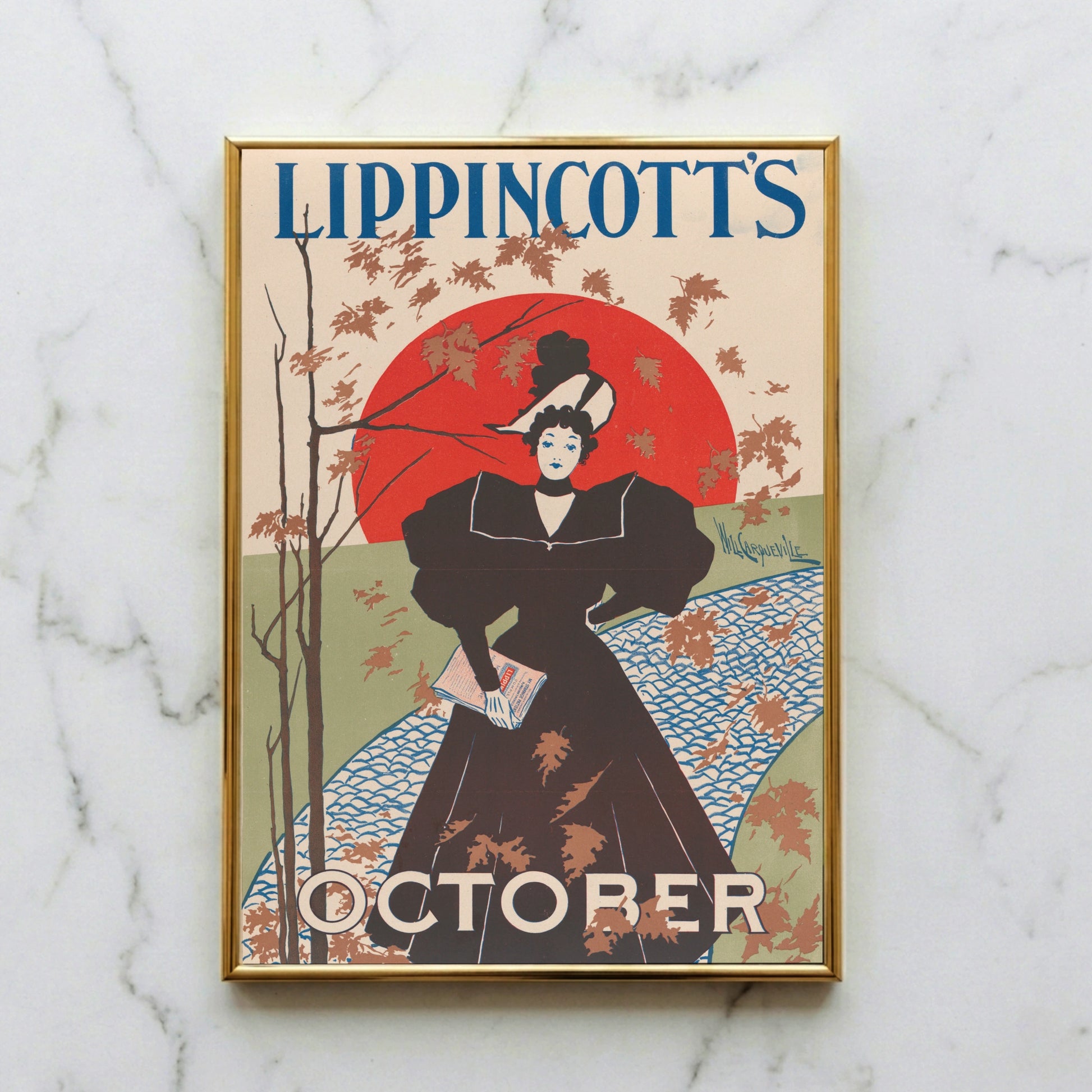 Historisches Lippincott’s October Plakat von 1895 mit einer eleganten Dame im Wind.