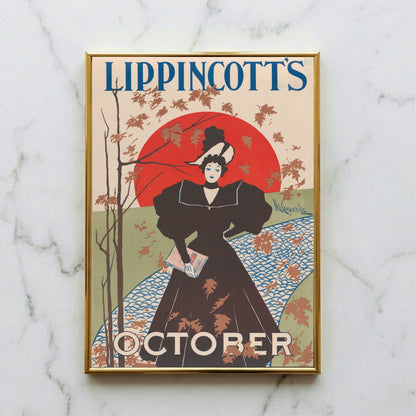 Historisches Lippincott’s October Plakat von 1895 mit einer eleganten Dame im Wind.