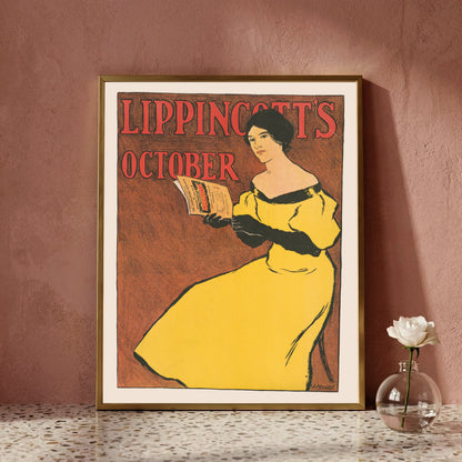 Lippincott’s October Plakat von 1896 zeigt eine Frau im gelben Kleid beim Lesen.
