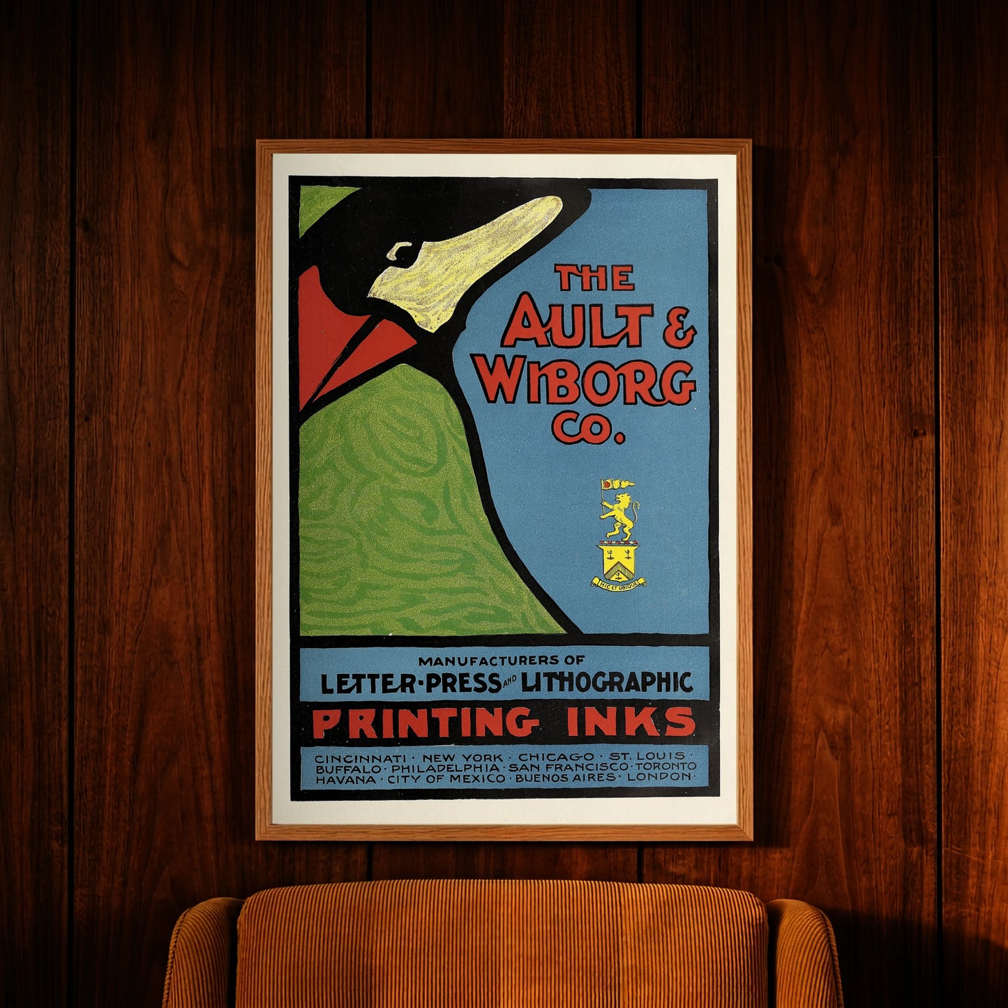 Grafisches Poster in Grün, Blau und Rot für Lithografie-Druckfarben aus der Zeit um 1900.