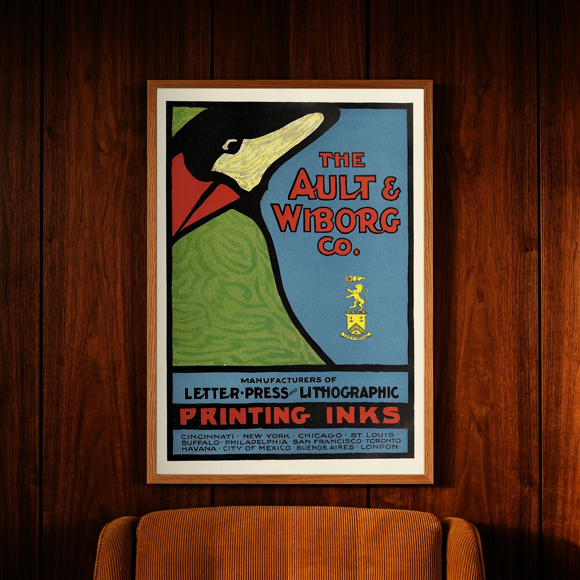 Grafisches Poster in Grün, Blau und Rot für Lithografie-Druckfarben aus der Zeit um 1900.