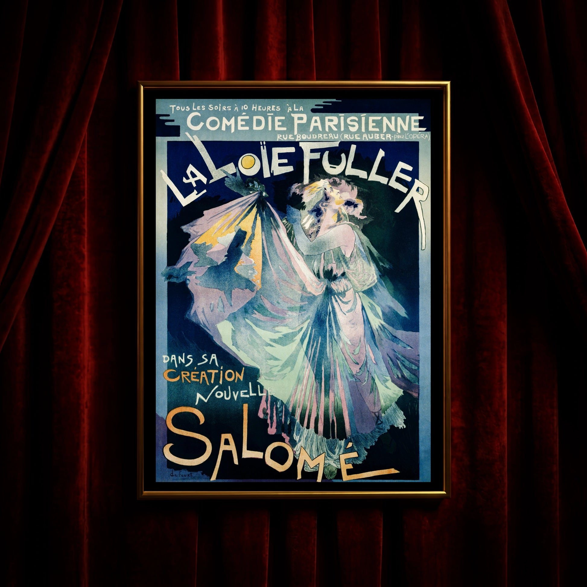 Historisches Plakat von 1895 mit Loïe Fuller in wallenden Gewändern für die Comédie-Parisienne.