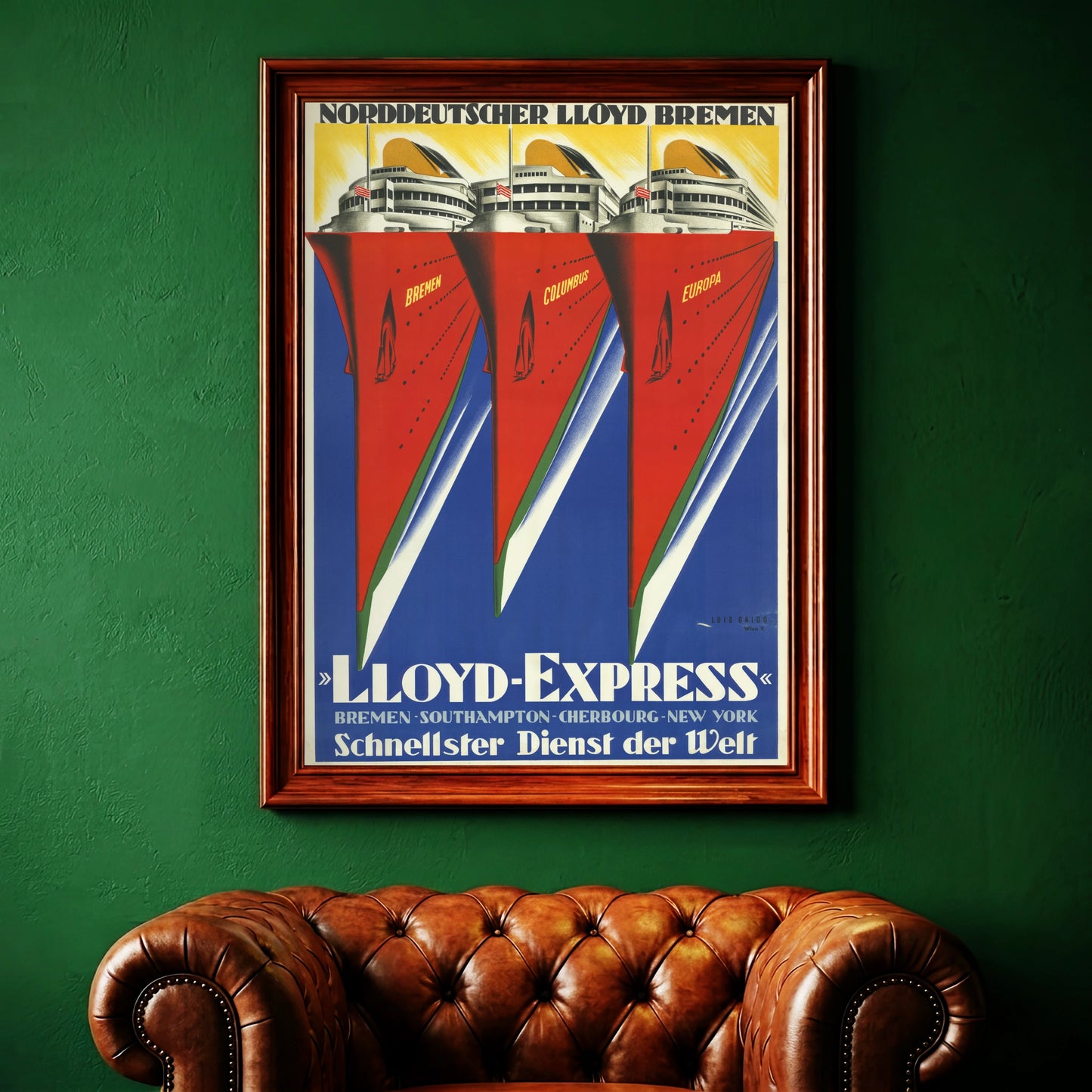 Vintage Werbeplakat des Norddeutschen Lloyd Bremen von 1930.