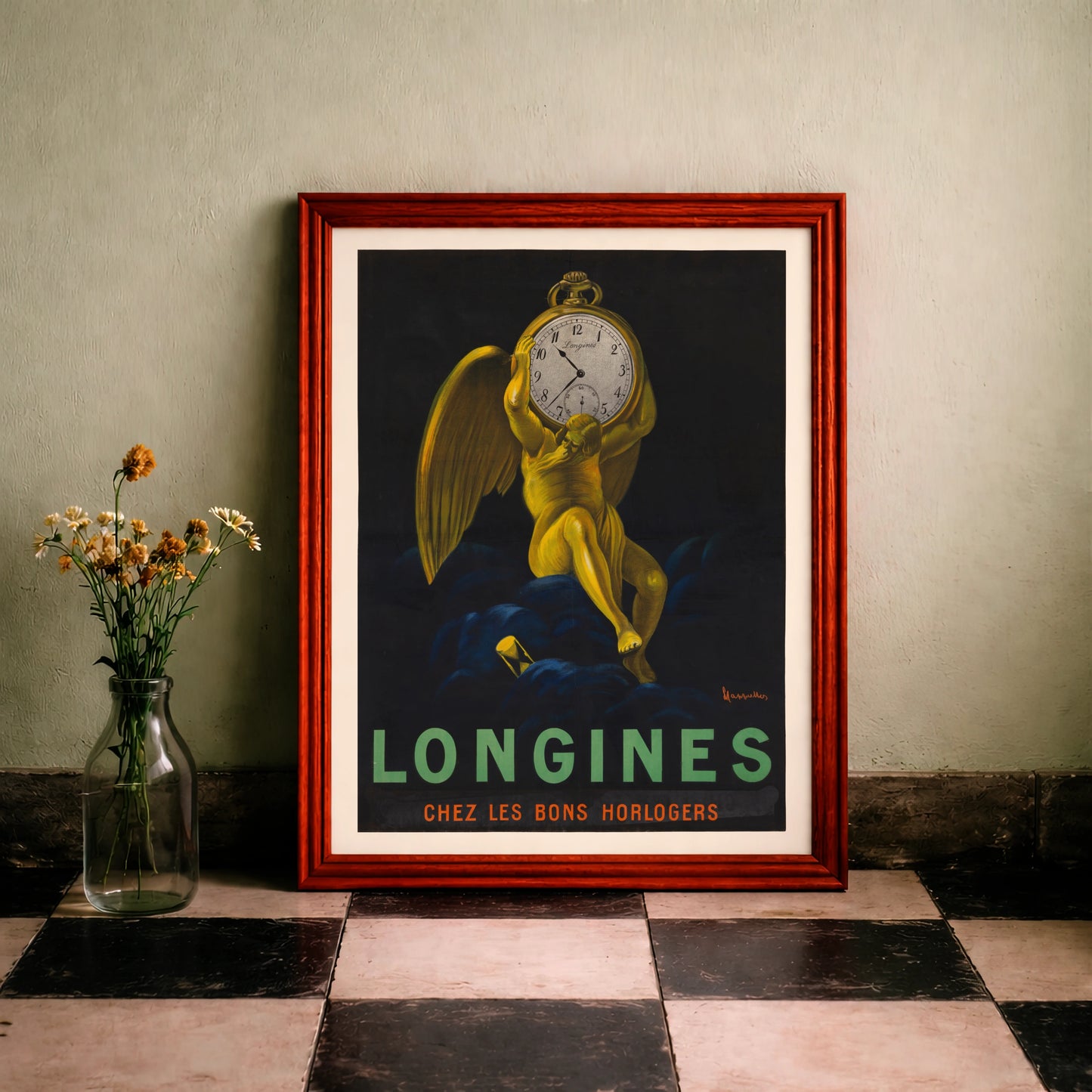 Vintage Werbeplakat für Longines Uhren von 1911 mit einem goldenen Engel.