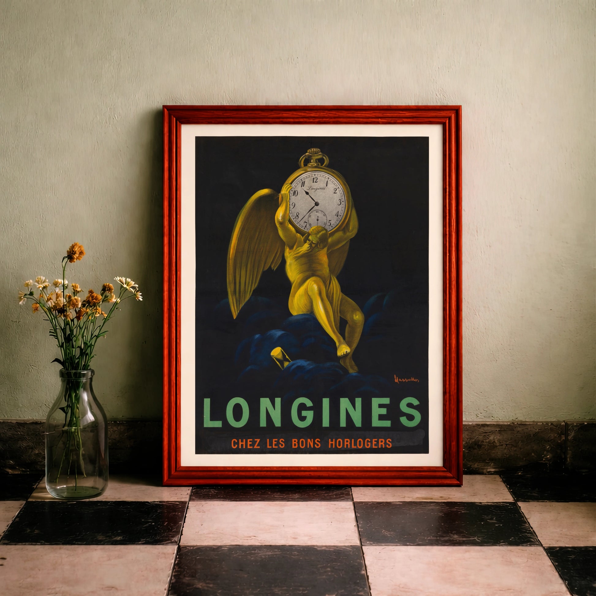 Vintage Werbeplakat für Longines Uhren von 1911 mit einem goldenen Engel.