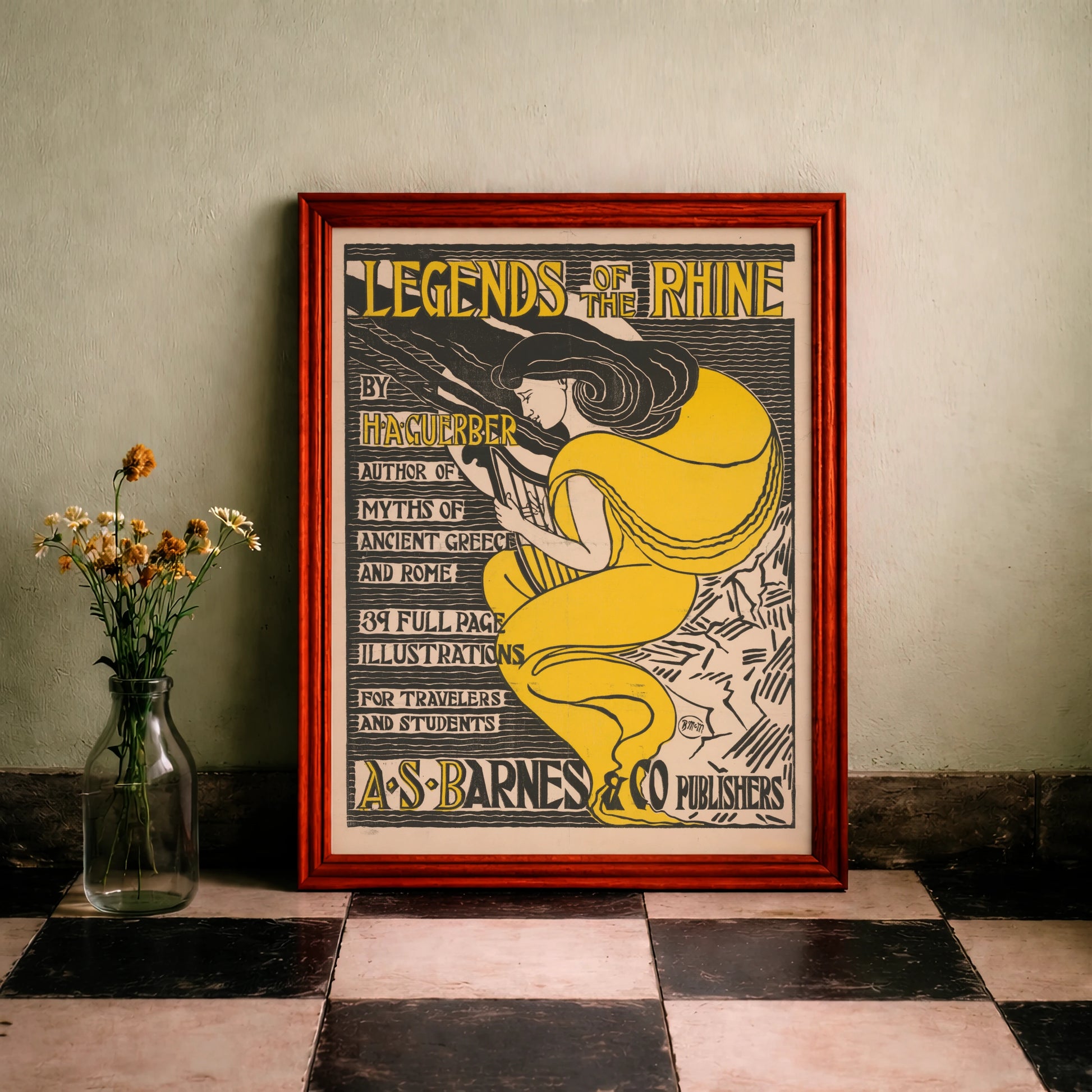 Art Nouveau Bucheinband-Illustration mit gelben Farbakzenten und Typografie.