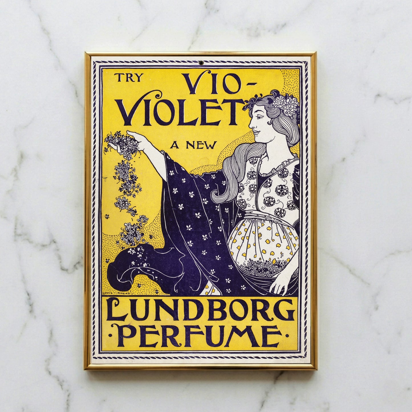 Art Nouveau Poster von Louis Rhead zeigt eine Frau, die Veilchenblüten für Lundborg Perfume verstreut.