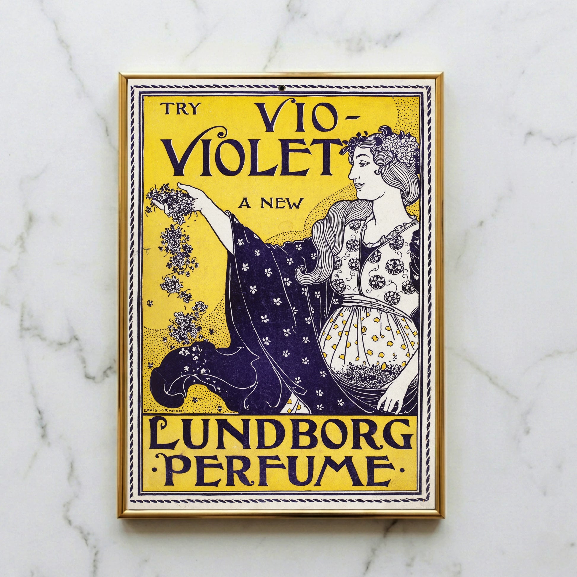 Art Nouveau Poster von Louis Rhead zeigt eine Frau, die Veilchenblüten für Lundborg Perfume verstreut.