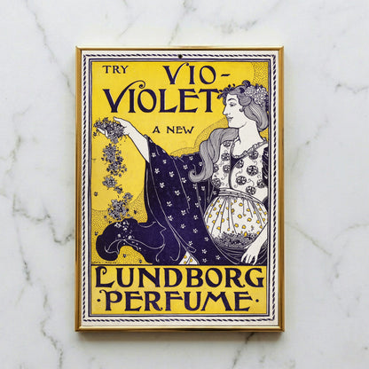 Art Nouveau Poster von Louis Rhead zeigt eine Frau, die Veilchenblüten für Lundborg Perfume verstreut.