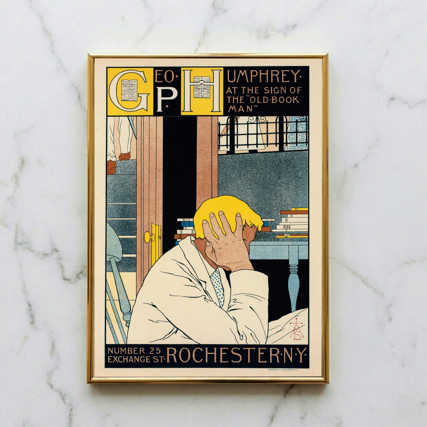 Vintage Werbeplakat für Geo. P. Humphrey Buchhandlung in Rochester NY, gestaltet von Louise Stowell.