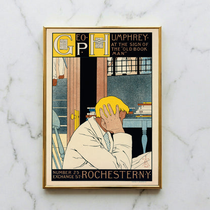 Vintage Werbeplakat für Geo. P. Humphrey Buchhandlung in Rochester NY, gestaltet von Louise Stowell.