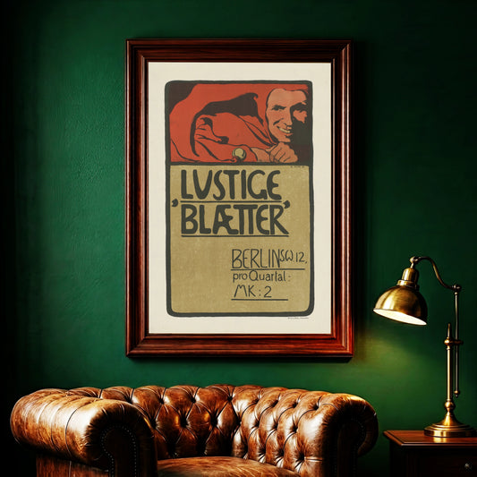 Vintage Plakat der Lustigen Blätter von 1898 mit einem lächelnden Narren in Rot.