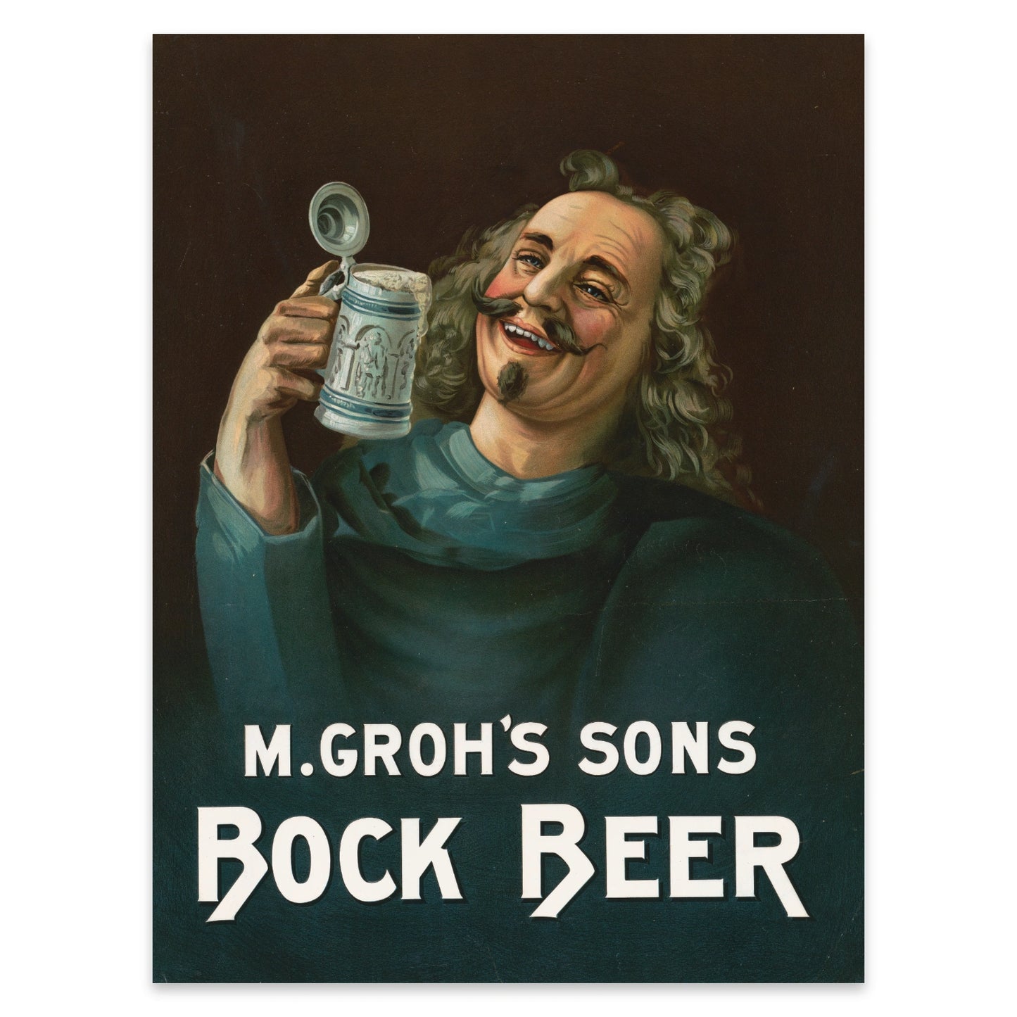 Detailreiche Kunstdruck-Reproduktion einer Brauerei-Werbung aus dem 19. Jahrhundert.