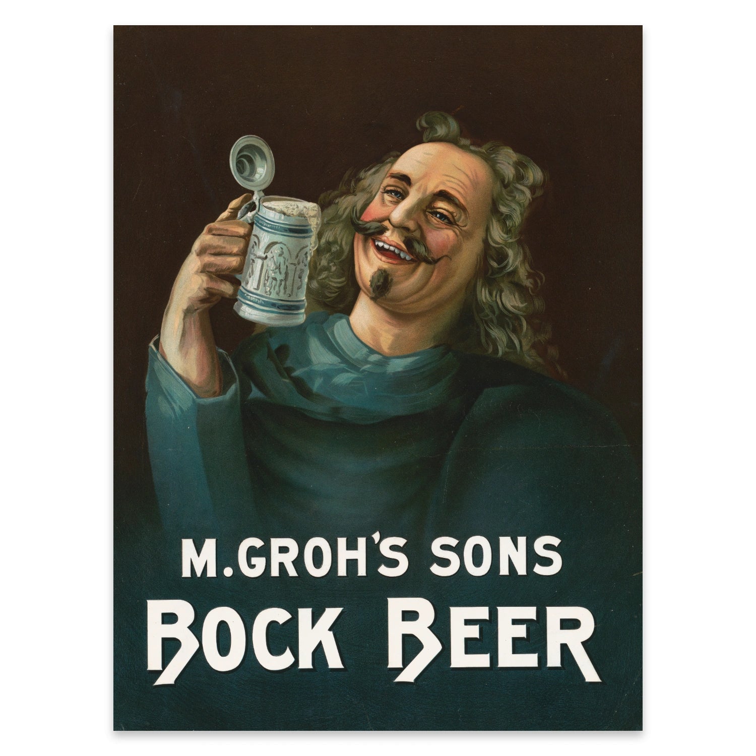 Detailreiche Kunstdruck-Reproduktion einer Brauerei-Werbung aus dem 19. Jahrhundert.