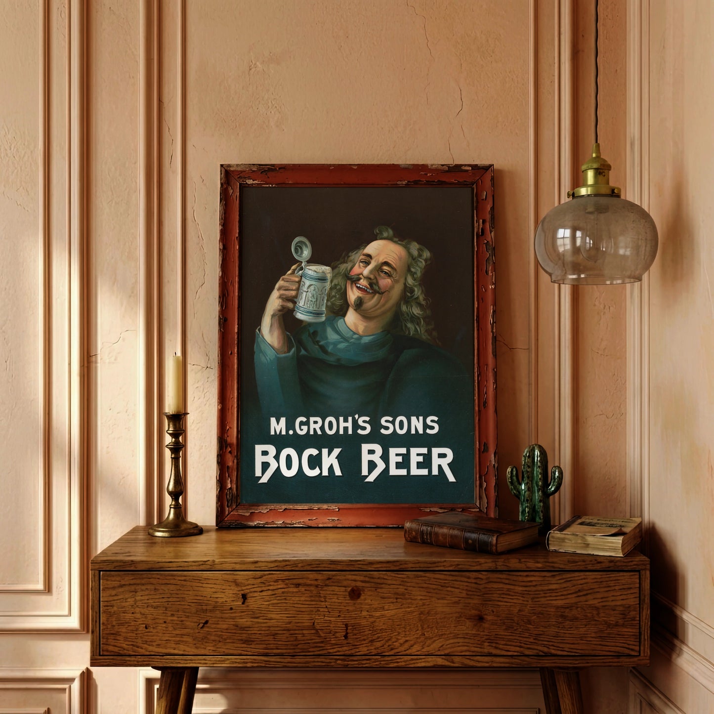 Vintage Werbeposter von 1899 für M. Groh's Sons Bock Beer mit lachendem Mann.