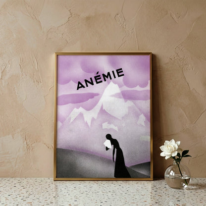 Vintage Werbeplakat für Mangano-Sérum mit einer Silhouette vor Bergen.