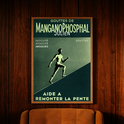 Ein grünes Art-Déco-Poster zeigt eine athletische Silhouette, die einen Hang hinaufsteigt.