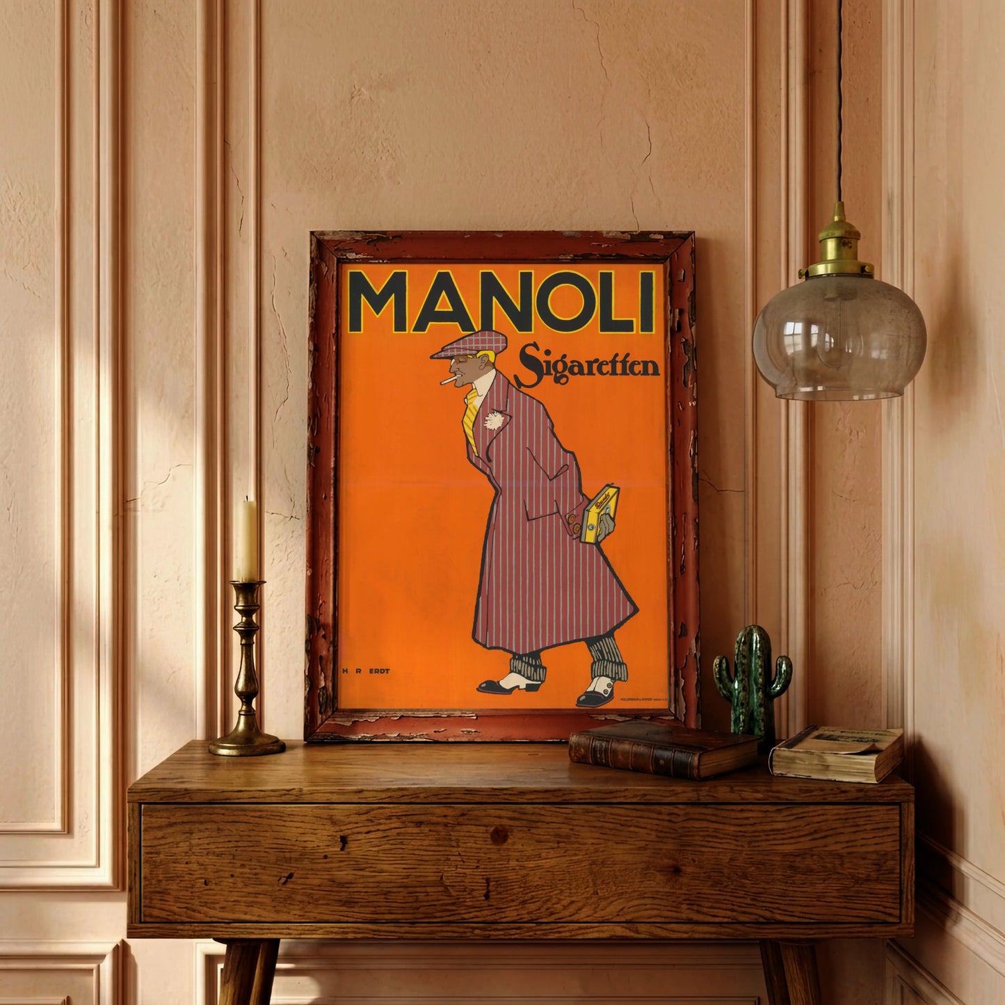 Illustration eines Dandys im gestreiften Mantel für Manoli Sigaretten 1912.